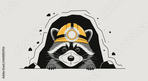Raccoon miner illustration wearing a hard hat peering out of a dark tunnel entrance