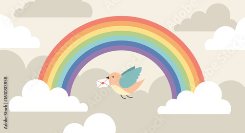 Rainbow Delight Bird Carrying Love Letter Delivering Happiness Illustration