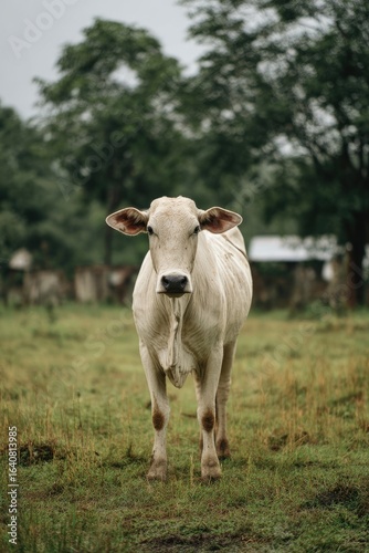 Wallpaper Mural A single, light cream-colored cow stands in a grassy field.  Blurred, out-of-focus cows and foliage are visible in the background.  Gray overcast sky Torontodigital.ca