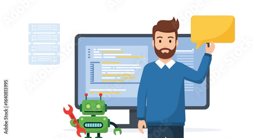 Software Developer With Robot Assistant Holding Speech Bubble Near Code Screen