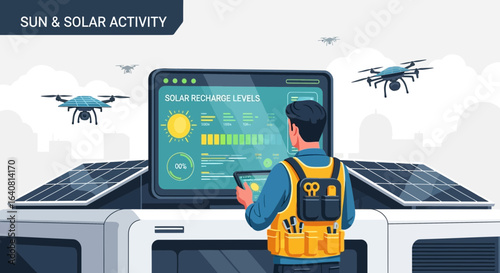 Solar Panel Installation Expert Monitors Energy Production Using Drones Inspection