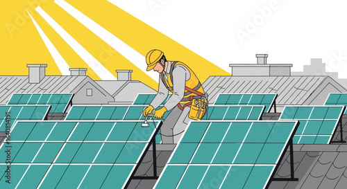 Solar Panels Installation Worker Securing Renewable Energy Source on Building Rooftop
