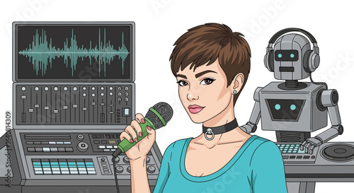 Sound Recording Teamwork Singer with Robot Creating Music Together In The Studio
