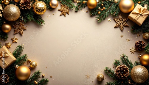 Festive christmas decoration with gold ornaments and gifts cozy indoor setting colorful holiday atmosphere top-down view for joyful celebrations