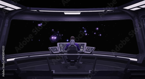 Spaceship bridge view with person piloting through starry skies and galaxy landscape