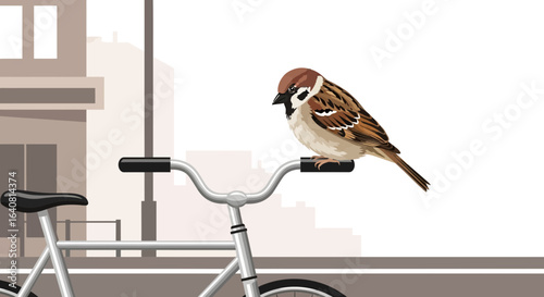 Sparrow Perched Peacefully On a Bicycle Handlebar in an Urban Setting