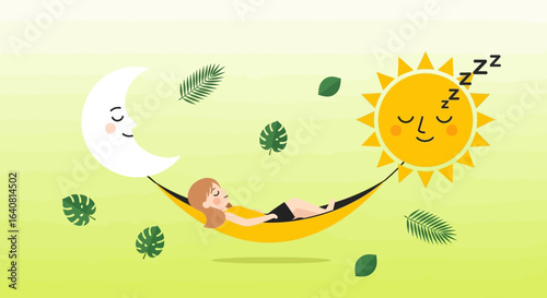 Relaxing Dreamy Day: Woman Resting in Hammock Between Sun and Moon