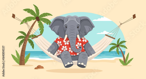 Relaxing Elephant Wearing A Floral Shirt On A Tropical Beach In Hammock