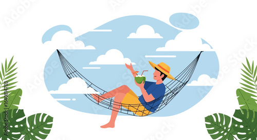Relaxing summer scene of a man in a hammock enjoying a coconut drink and vacation time