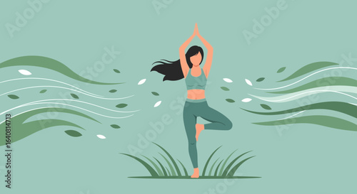 Woman practicing tree yoga pose in a serene nature setting with calming green colors to promote wellness and health