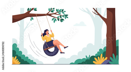 Relaxing Woman Enjoying the Summer in Nature With Tire Swing Recreation
