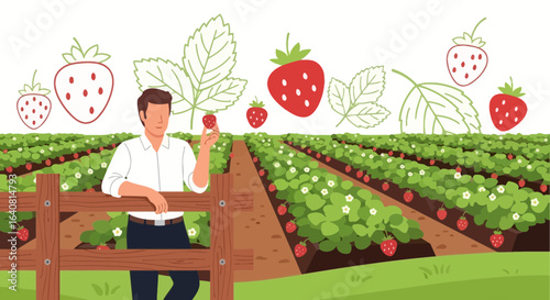 Strawberry Farmer Standing in the Field Enjoying His Harvest Time
