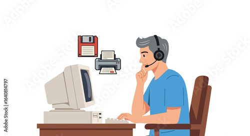 Vintage Technology Era Man Working From Home At Retro Computer Era