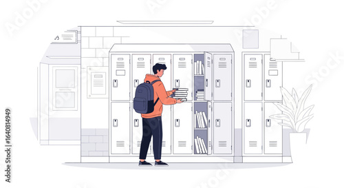 Student Arranging Books in School Locker Room Education Concept Design