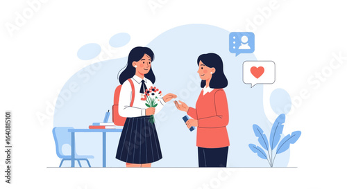 Student Giving Teacher Flowers as a Gesture of Gratitude and Appreciation