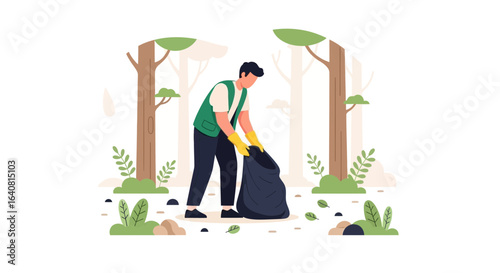 Volunteer cleaning up trash in the forest, picking up litter and putting it in a garbage bag to protect the environment