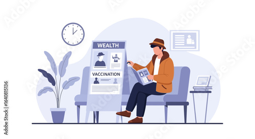 Waiting room scene with man reading news near vaccination awareness poster concept