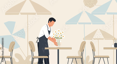 Restaurant Preparation Setting Tables With Flowers For a Serene Outdoor Dining Experience