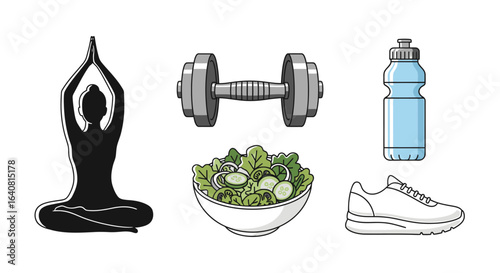 Healthy lifestyle concept icons set: yoga meditation silhouette, dumbbell weight, fresh salad bowl with greens, running shoe and sports water bottle for fitness wellness nutrition gear