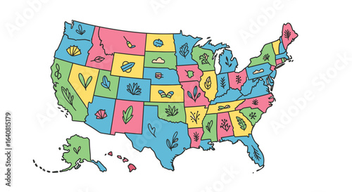 Hand-drawn colorful USA map illustration with pastel state-by-state floral icons, vector doodle style of United States for travel, education, tourism, marketing, infographic and classroom decor