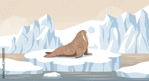 Walrus Lounging On Iceberg In Arctic Landscape With Snowcapped Mountains
