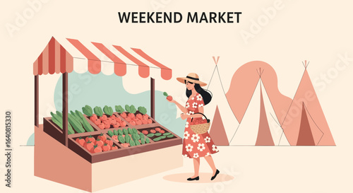 Weekend market scene with woman shopping for fresh produce in a farmers market stand