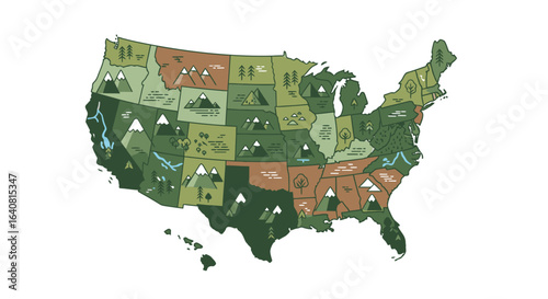 Illustrated United States map with national parks and state nature icons, green earth-tone regions, vector infographic for travel, tourism, outdoor adventure, hiking, conservation, marketing
