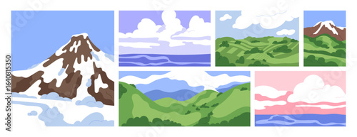 Nature landscapes set. Mountain, peak under snow, sea and ocean, hills, grass...