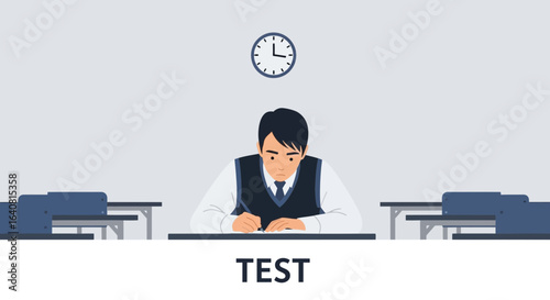Student taking a test in a classroom with desks and a clock on the wall illustration