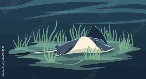 Restful Underwater Scene Featuring a Sleeping Ray Amidst Seaweed Illustration