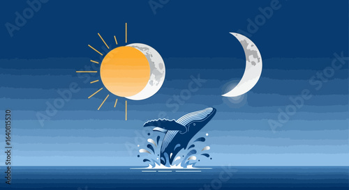 Whale Leaping From The Ocean Against The Backdrop Of The Sun And The Moon
