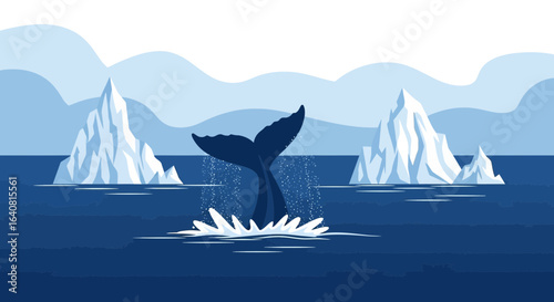 Whale tail breaching icy waters of the Arctic amidst icebergs and snow mountains displaying nature's beauty and wild life