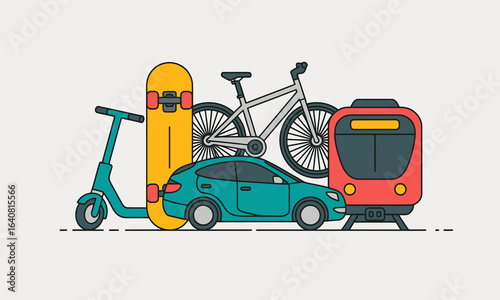 Multimodal urban mobility illustration of electric scooter, skateboard, bicycle, compact car and modern tram, flat vector design for sustainable transit, e-mobility, last-mile commute
