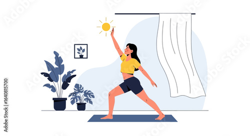 Woman practicing warrior yoga pose, indoors, with sunlight streaming through the window, promoting wellness and balance in a tranquil space