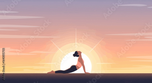 Woman practicing yoga at sunrise, a peaceful wellness moment with vibrant colors