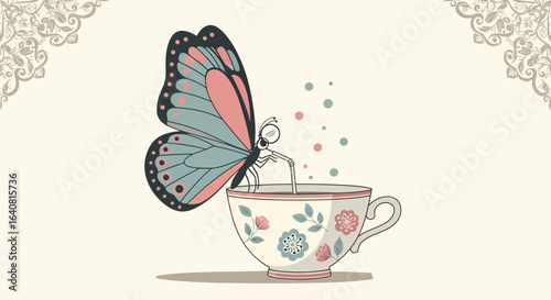 Whimsical Butterfly Sipping from a Floral Tea Cup Illustration for Children's Books