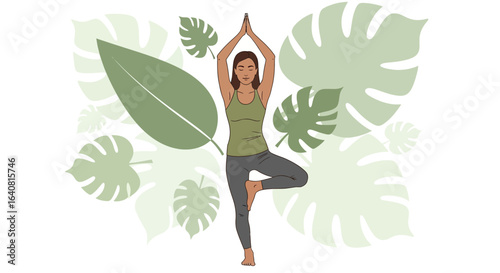 Woman practicing yoga in tree pose surrounded by monstera leaves for wellness concept illustration vector design in muted green tones