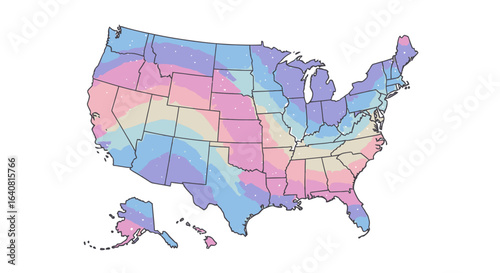 Pastel United States map with state borders, soft gradient heatmap styling, colorful pink blue purple palette, vector-like infographic for education, weather visualization and marketing