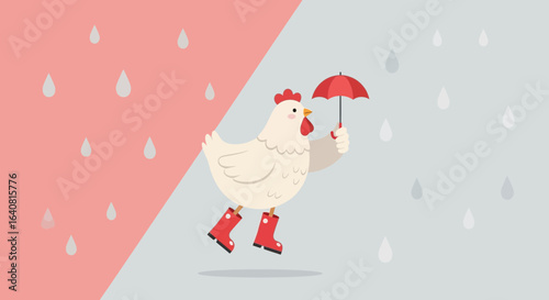 Stylish Chicken Navigating Rainy Weather With Umbrella and Boots Illustration