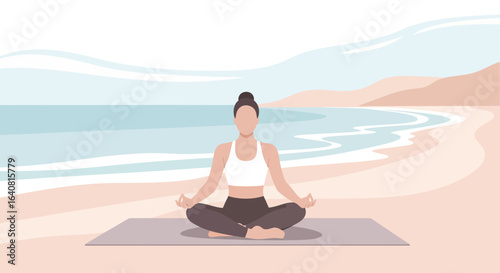 Woman practicing yoga on a mat at the beach with a peaceful ocean background illustration