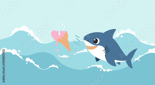 Whimsical cartoon illustration of a baby shark eyeing a melting ice cream cone in the ocean