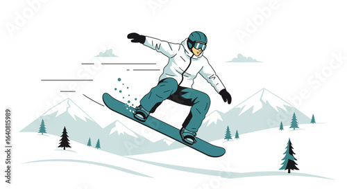 Stylish snowboarder illustration in action with a scenic mountain backdrop design
