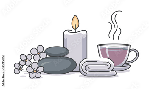 Spa wellness still life illustration with candle, hot herbal tea cup, stacked massage stones, rolled towel and delicate flowers — relaxing spa, aromatherapy and massage imagery for wellness brands