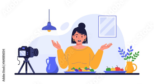 Woman recording food vlog with camera in studio is ideal for content creators