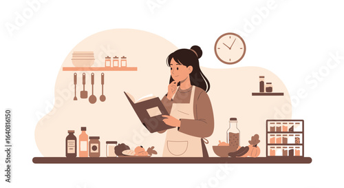 Woman Reads Cookbook Standing in Kitchen to Cooking Dinner Preparation