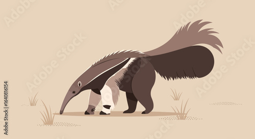 Stylized Anteater Foraging On A Plain With Elegant Tail Illustration