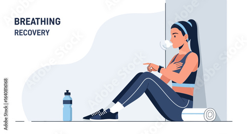 Woman recovering breathing after training, showing health and wellness in fitness context