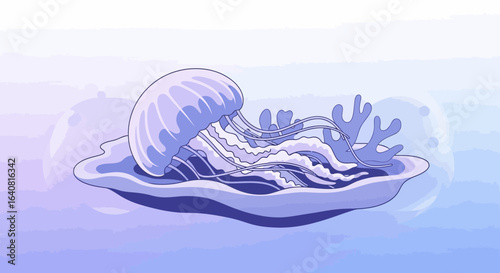 Stylized illustration of a jellyfish with corals in an aquatic environment