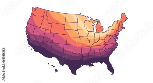Stylized United States temperature gradient map with layered color bands showing regional climate zones and heat map, vector infographic for weather, climate data visualization and reporting