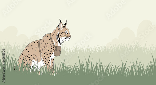 Stylized Lynx With Shoulder Bag In Soft Grassy Vector Environment